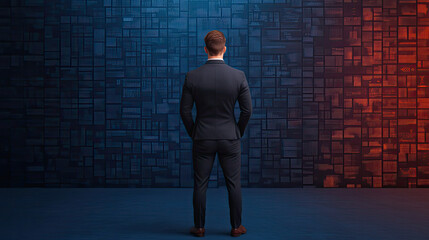 Businessman facing digital data wall interface