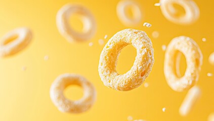 Floating cereal rings against a bright yellow backdrop