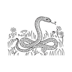 Black and White Snake Line Art Illustration in Nature Scene – Hand Drawn Snake with Detailed Scales, Forked Tongue, Flowers, and Grass for Coloring Book or Educational Design.