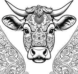simple coloring page drawing of a cow face with intricate patterns on its surface, such as circles and swirls. The pattern is black ink lines against a white background 4