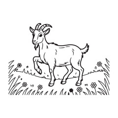 Engraving Vintage Goat Illustration in Meadow – Farm Animal Line Art with Grass and Flowers, Black and White Retro Style