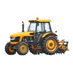 Yellow agricultural tractor with large tires and enclosed cabin, designed for heavy duty farming tasks, isolated on transparency background with detailed mechanical parts visible