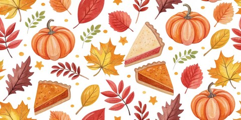 Watercolor Fall Harvest Pattern with Pumpkins and Pie, autumn, thanksgiving