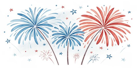 Watercolor Fireworks Red White Blue Stars Celebration Graphic, 4thJuly , Fireworks