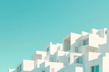 Naklejka premium island houses in all white with bold lines and no clouds in the cyan sky 