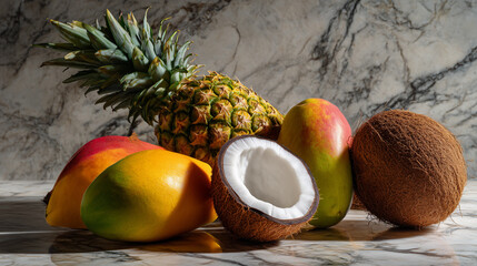 Artistic Still Life of Mixed Tropical Fruits on Marble . Ai gen.
