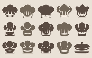 Array of sixteen stylized chef hat icons in various shapes and styles, arranged in four rows on a beige background. The icons vary in color tones.