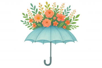 Light blue umbrella brimming with vibrant blooms, creating cheerful spring/summer floral composition against transparent backdrop
