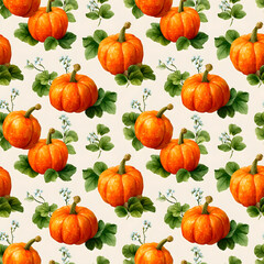 Seamless pattern with bright orange pumpkins and green leaves, autumn harvest background for Thanksgiving packaging and textile design