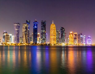 Naklejka premium City skyline at night, illuminated buildings reflected on water