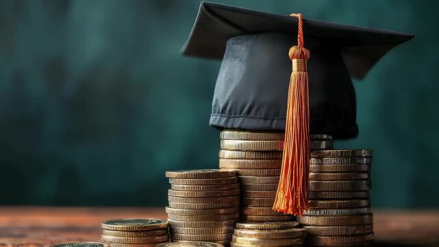 Academic return: higher tuition symbol, learning expense, cap display, stacked book, earnings potential, educational fee, financial path, degree pursuit, study value, coin concept, university price.