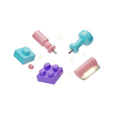 A vibrant collection of 3D rendered pastel objects, including colorful pushpins and building blocks, creating a playful and minimalist composition with sparkling accents.