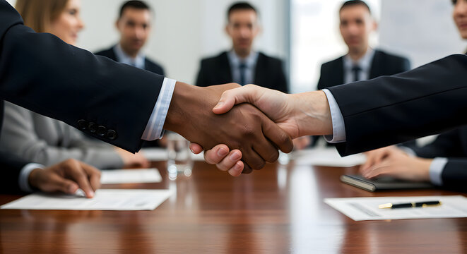 Close-up shot of a handshake between two business colleagues, with the rest of the team in the meeting room. The handshake symbolizes agreement, partnership, or a successful deal
