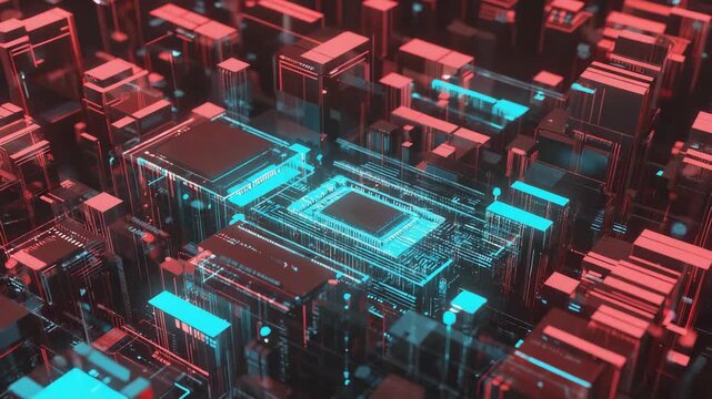 Complex network of interconnected components processing data streams, visualized with glowing lines and cubic structures, representing a futuristic server room environment - Powered by Adobe