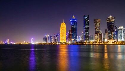 Fototapeta premium City skyline at night, illuminated skyscrapers
