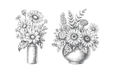 Rustic floral bouquet in vintage vase, engraved in classic botanical style. Vintage potted flowers and leaves in monochrome engraving style.
