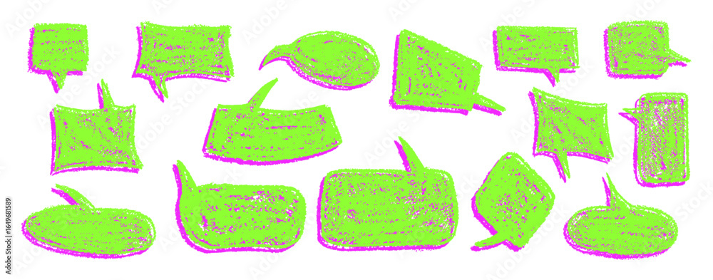 Wall mural vector set of quirky green speech bubbles and clouds with pink shadow. wax and charcoal squiggle sty