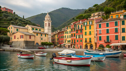 The layout features a cluster of colorful buildings perched on a rugged cliff overlooking the azure Mediterranean Water Place.