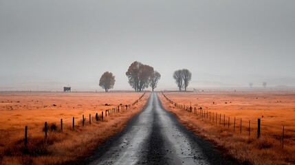 A solitary dirt road leads through a vast golden field towards a cluster of trees under a muted overcast sky