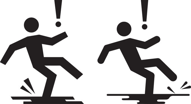 Two black stick figure silhouettes falling on wet slippery surfaces with exclamation marks silhouette