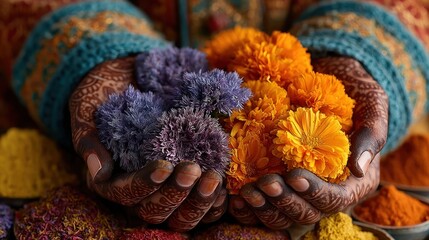Hands with intricate henna holding marigold flowers and colorful petals in a festive setting