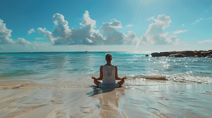 Fototapeta premium Tranquil Focus: Serene Person Meditating on Beach Scene – Silhouetted Figure in Cross-Legged Pose, Eyes Closed, Facing Gentle Ocean Waves, with Warm Sand Beneath and a Soft Breeze Carrying the Scent