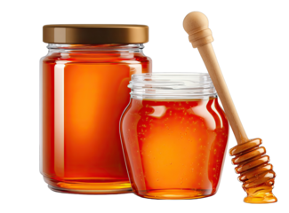 Two glass jars of honey, one larger and one smaller, with a wooden honey dipper