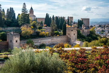 The watchtowers of the Alhambra, seen from the way to the Generalife. Alhambra, Granada, Spain