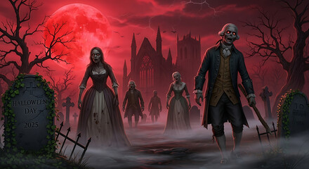 Zombies rising from the graveyard on halloween day under a blood red moon in a spooky atmosphere