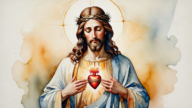 Sacred Heart of Jesus Watercolor Painting - Religious Art