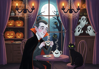 Vampire drinking tea with a black cat in a halloween themed room with pumpkins and ghosts in the background
