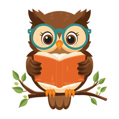 Cute Owl Reading a Book on a Tree Branch Smart Cartoon Animal PNG