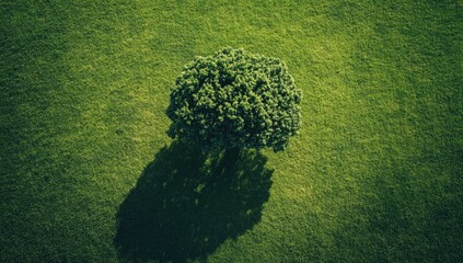 Verdant lawn, solitary tree casts a shadow. High-angle view of a lush green field with a single tree in the center, its shadow extending outwards