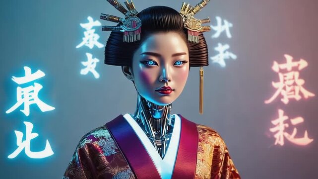 Futuristic geisha android showcasing a blend of traditional japanese attire and advanced robotics, illuminated by neon kanji characters, creating a captivating cyberpunk scene