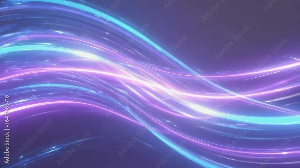 Wall mural multiple glowing neon lines flowing and creating abstract waves of light, with a purple background, 