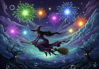 A witch flying on her broomstick with fireworks in the night sky and spooky trees below her path