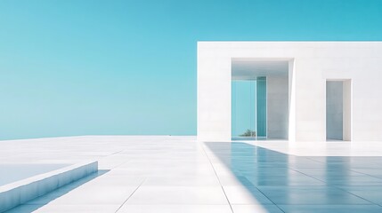 Vast white museum entrance with minimal windows, cyan sky dominating the background 