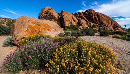 Large reddish-brown boulders amidst vibrant wildflowers.