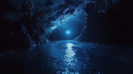 Mysterious underwater cave illuminated by a glowing light, an atmospheric photo of nature's beauty.