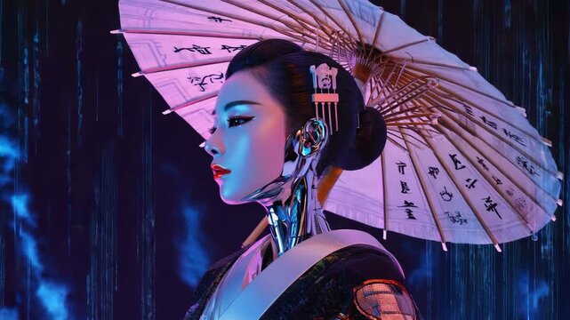 Futuristic geisha android with metallic parts and traditional japanese clothing and hairstyle holding a parasol under a digital rain of binary code in a neon-lit scene