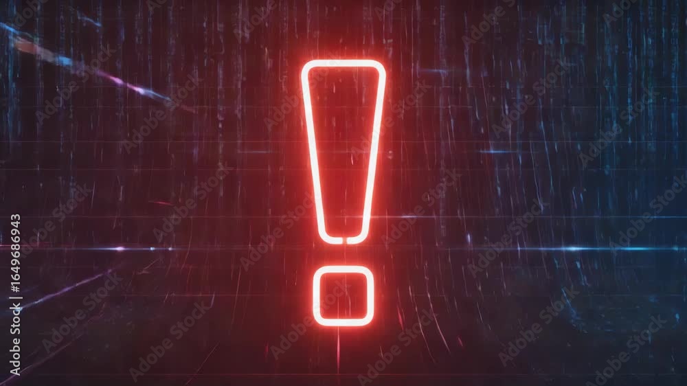 Wall mural glowing red exclamation point warning sign appearing on a digital background with falling blue data 