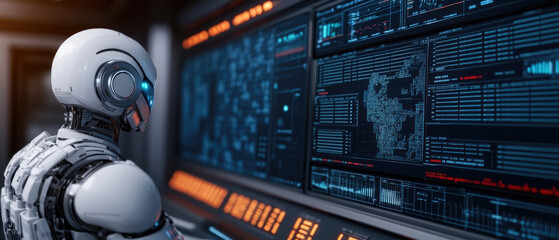 Futuristic robot analyzing data on digital control screens