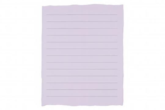Lined purple paper sheet featuring ragged edges, isolated on transparent backdrop, serving as minimalist graphic design resource