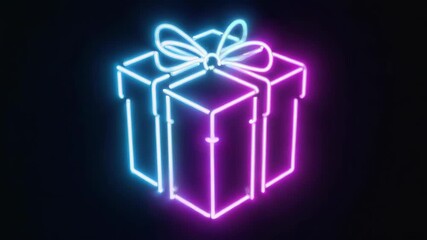 Glowing in vibrant neon pink and blue, a beautifully wrapped gift box with a bow radiates joy against a dark background, embodying celebration, surprise, and special occasions
