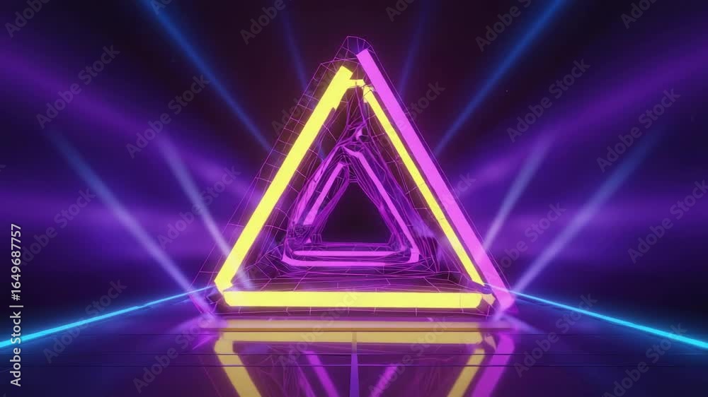 Wall mural glowing neon triangular tunnel with blue lights illuminating dark background creating a futuristic a