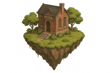 Pixel art illustration of a floating island with a library, trees, and grass, with transparent background