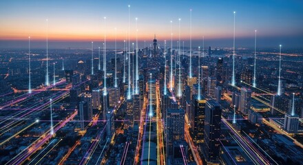 Futuristic city skyline with glowing data streams at dusk cityscape urban