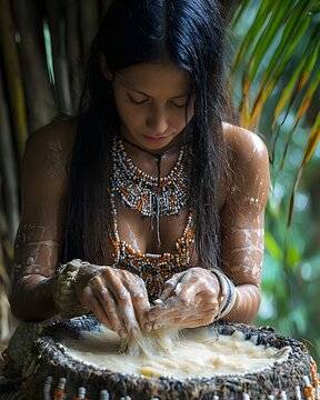  Ta&iacute;no Woman Grating Cassava on Guayo Stone Grater in Bohio Village Midday, Beaded Nagua Skirt with Cem&iacute; Motifs
