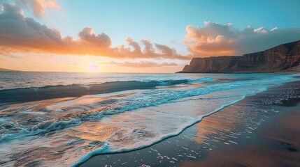 Naklejka premium Nature’s Canvas: Stunning Photography of Beach Natural Scenery – Golden Sands Meeting Turquoise Tides, Driftwood Scattered Along the Shore, Seashells Glinting in Sunlight, and Dunes Adorned with Coast