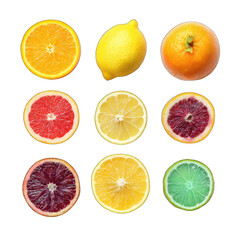 Fototapeta premium Nine citrus fruit slices arranged in a grid. Bright, vibrant colors. Overhead view